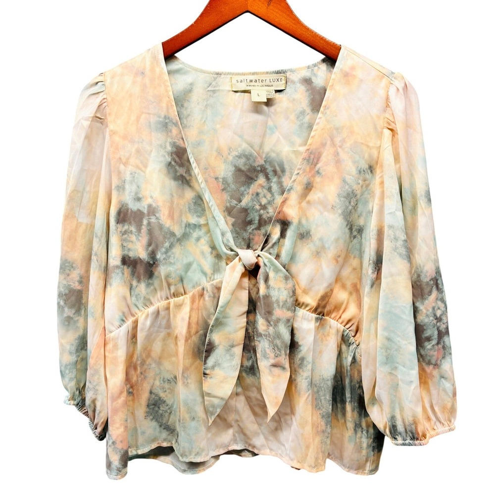 Saltwater Luxe Tie Front Blouse Women's Large Blue Peach Tie Dye Cropped Top - Picture 2 of 11